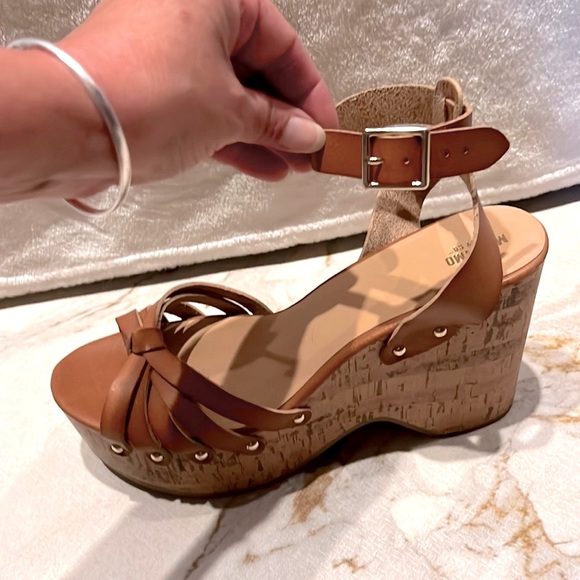 LK NW MOSSIMO 👡 FAUX BROWN LEATHER 4” CORK HEEL PLATFORM WEDGE SANDALS Womens 10 - Picture 10 of 15